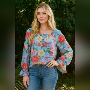 Divine Heritage Revolve S Floral Blouse 100% Silk in Sky